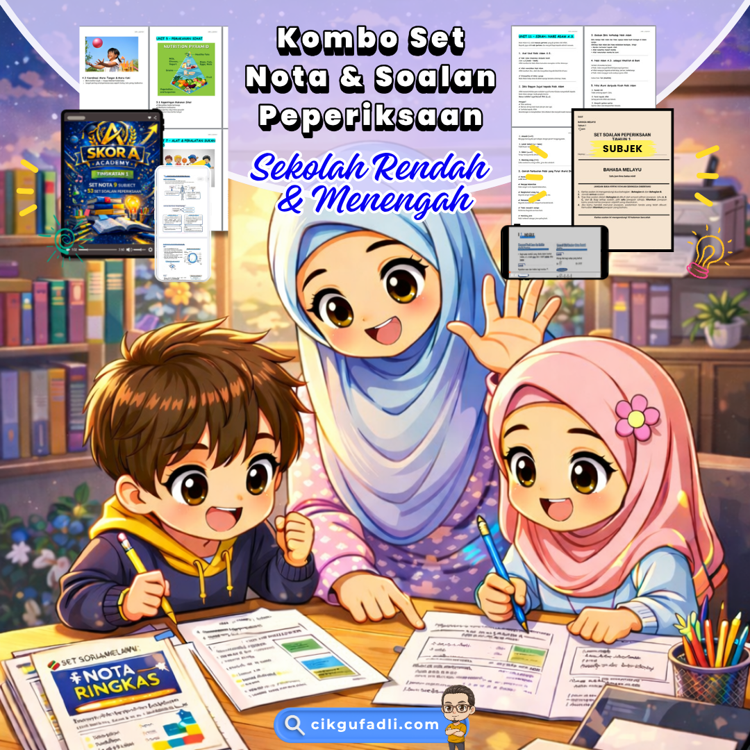 Ibu membantu 5 minit ulangkaji anak menggunakan nota dan soalan peperiksaan dalam bentuk PDF yang dicetak dan digunakan di rumah.