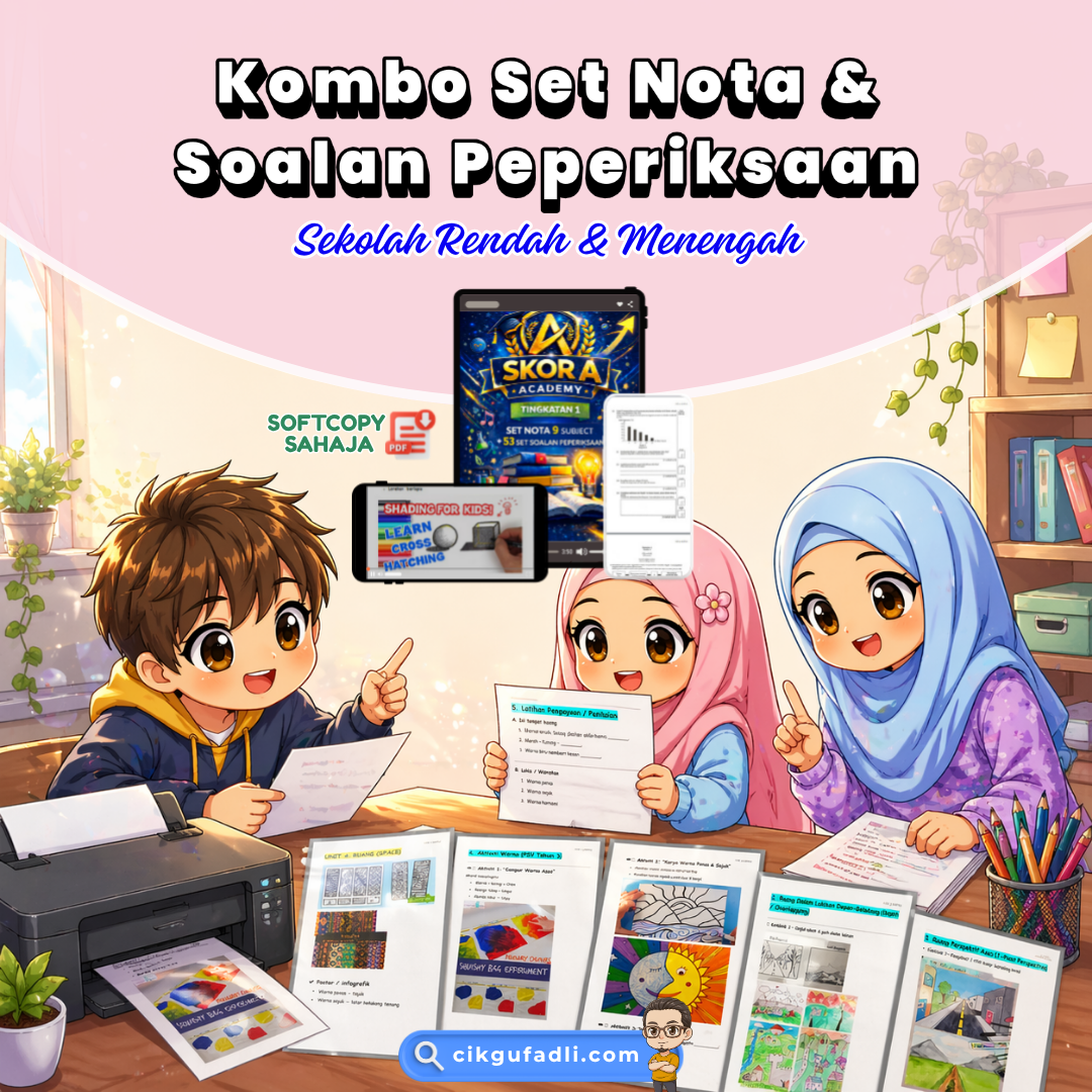 Ilustrasi mula awal ulangkaji anak menggunakan set nota dan soalan peperiksaan dalam bentuk PDF yang boleh dibuka di peranti dan dicetak untuk latihan.