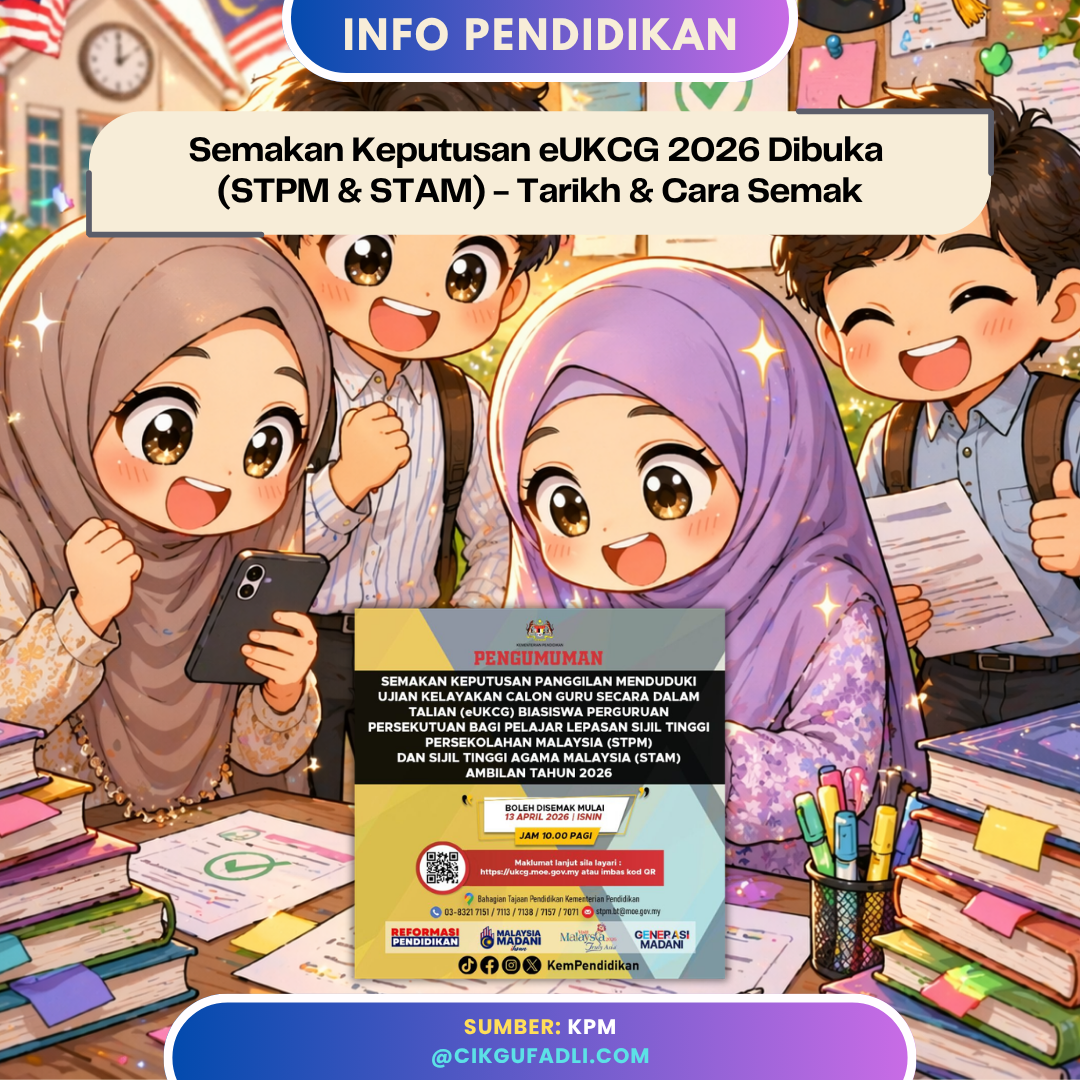 Ilustrasi pelajar gembira menyemak keputusan eUKCG 2026 dengan poster rasmi KPM