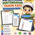 Poster promosi set soalan peperiksaan pertengahan tahun KAFA dengan ilustrasi budak lelaki chibi ceria, paparan PDF di telefon pintar dan tablet, latihan subjek Tahun 1 hingga Tahun 5, boleh dicetak dan sesuai untuk ulang kaji anak.