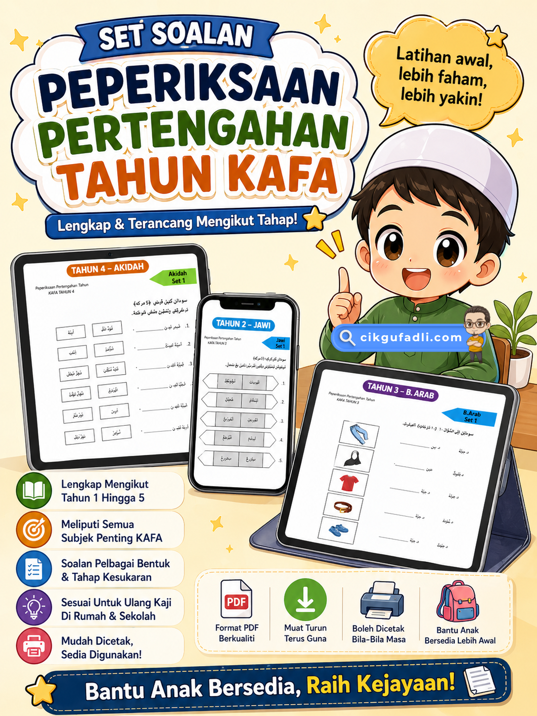 Poster promosi set soalan peperiksaan pertengahan tahun KAFA dengan ilustrasi budak lelaki chibi ceria, paparan PDF di telefon pintar dan tablet, latihan subjek Tahun 1 hingga Tahun 5, boleh dicetak dan sesuai untuk ulang kaji anak.