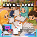 Ilustrasi chibi kanak-kanak Muslim belajar bersama untuk persediaan peperiksaan KAFA & UPKK, menggunakan helaian soalan latihan yang dicetak dari printer, dengan suasana ceria dan berwarna-warni di ruang belajar.