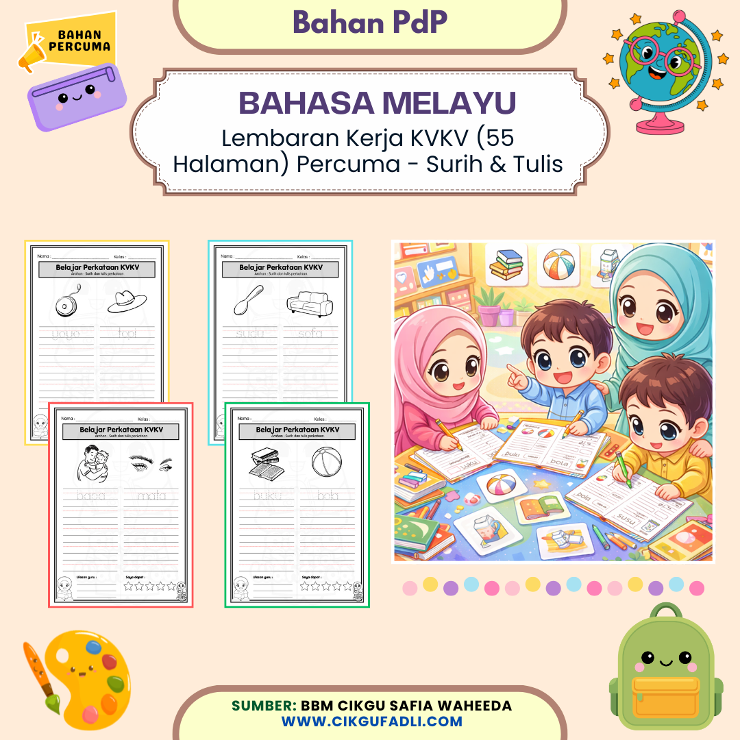 poster lembaran kerja kvkv 55 halaman percuma surih dan tulis bahasa melayu untuk murid prasekolah dan tahun 1