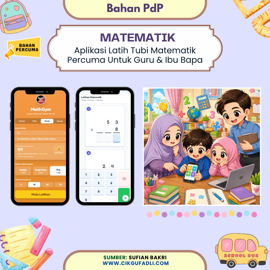 Aplikasi latih tubi Matematik percuma MathGym untuk guru dan ibu bapa dengan paparan latihan darab sekolah rendah serta ilustrasi keluarga belajar bersama