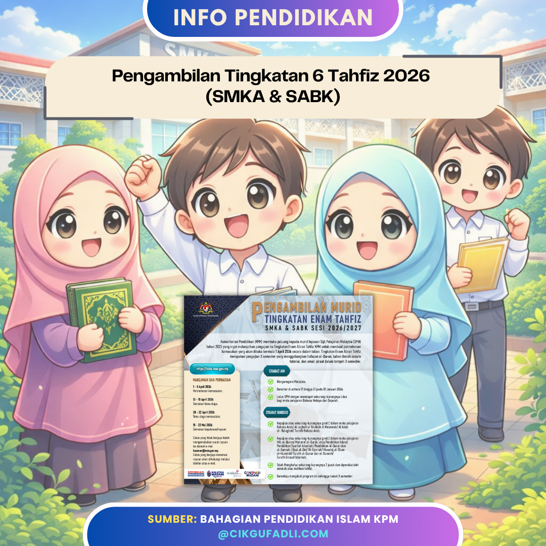 Ilustrasi pelajar Tingkatan 6 Tahfiz SMKA SABK 2026 dengan suasana sekolah dan pelajar memegang buku