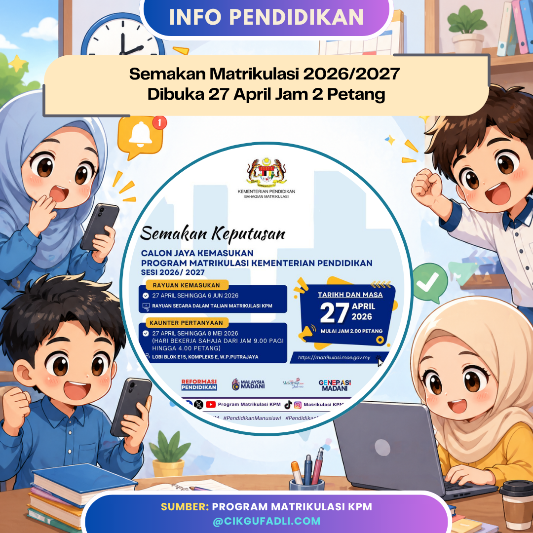 Semakan keputusan Matrikulasi KPM 2026/2027 dibuka 27 April jam 2 petang dengan ilustrasi pelajar menyemak keputusan secara online