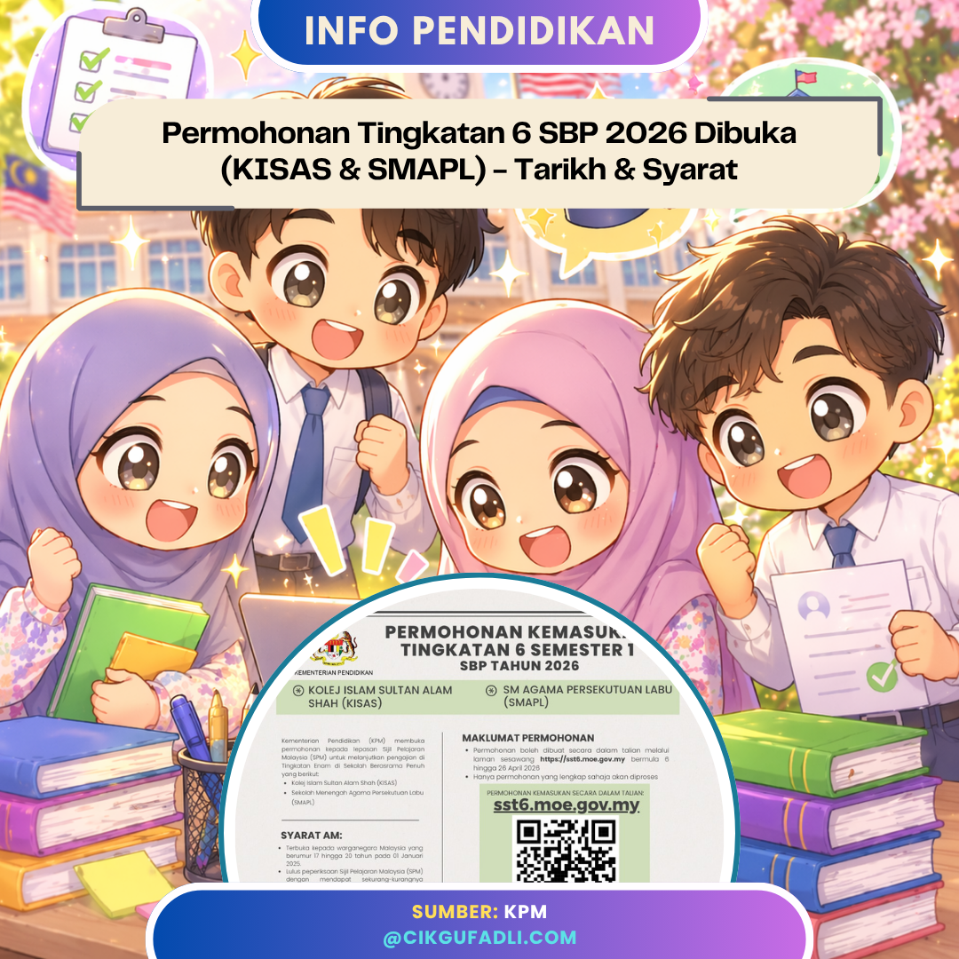 Ilustrasi pelajar menyemak permohonan Tingkatan 6 SBP 2026 dengan poster rasmi KPM KISAS dan SMAPL