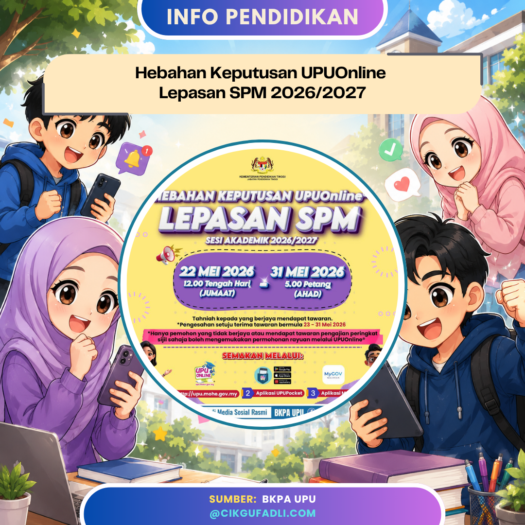 Ilustrasi anime pelajar lelaki dan perempuan menyemak keputusan UPUOnline lepasan SPM 2026/2027 menggunakan telefon pintar dengan maklumat tarikh semakan dan aplikasi UPUPocket serta MyGOV.