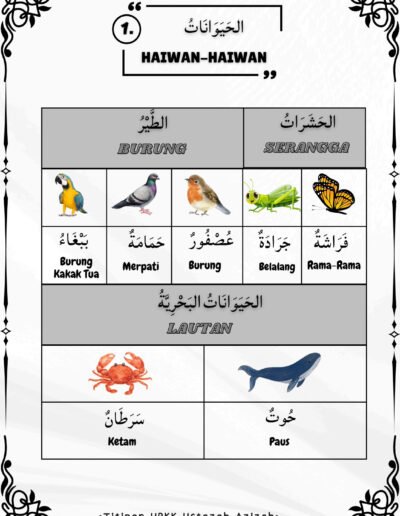 Nota burung, serangga dan haiwan laut dalam Bahasa Arab Tahun 5 bergambar