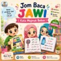 Poster chibi Jom Baca Jawi Kata Majmuk Bebas dengan ilustrasi kanak-kanak Muslim belajar membaca Jawi menggunakan suku kata dwiwarna
