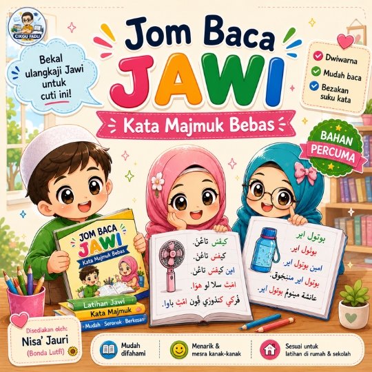 Poster chibi Jom Baca Jawi Kata Majmuk Bebas dengan ilustrasi kanak-kanak Muslim belajar membaca Jawi menggunakan suku kata dwiwarna Poster chibi Jom Baca Jawi Kata Majmuk Bebas dengan ilustrasi kanak-kanak Muslim belajar membaca Jawi menggunakan suku kata dwiwarna