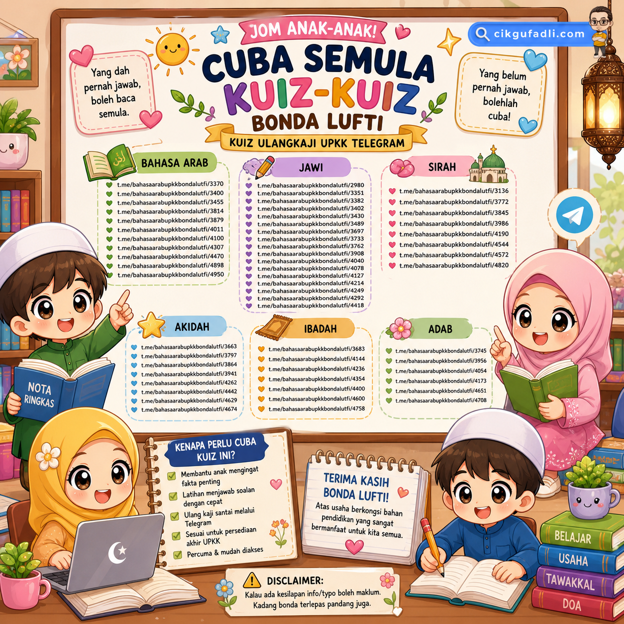Peta minda kuiz ulangkaji UPKK Bonda Lutfi dengan ilustrasi chibi murid Islam belajar, poster pendidikan berwarna-warni subjek Bahasa Arab, Jawi, Sirah, Akidah, Ibadah dan Adab.