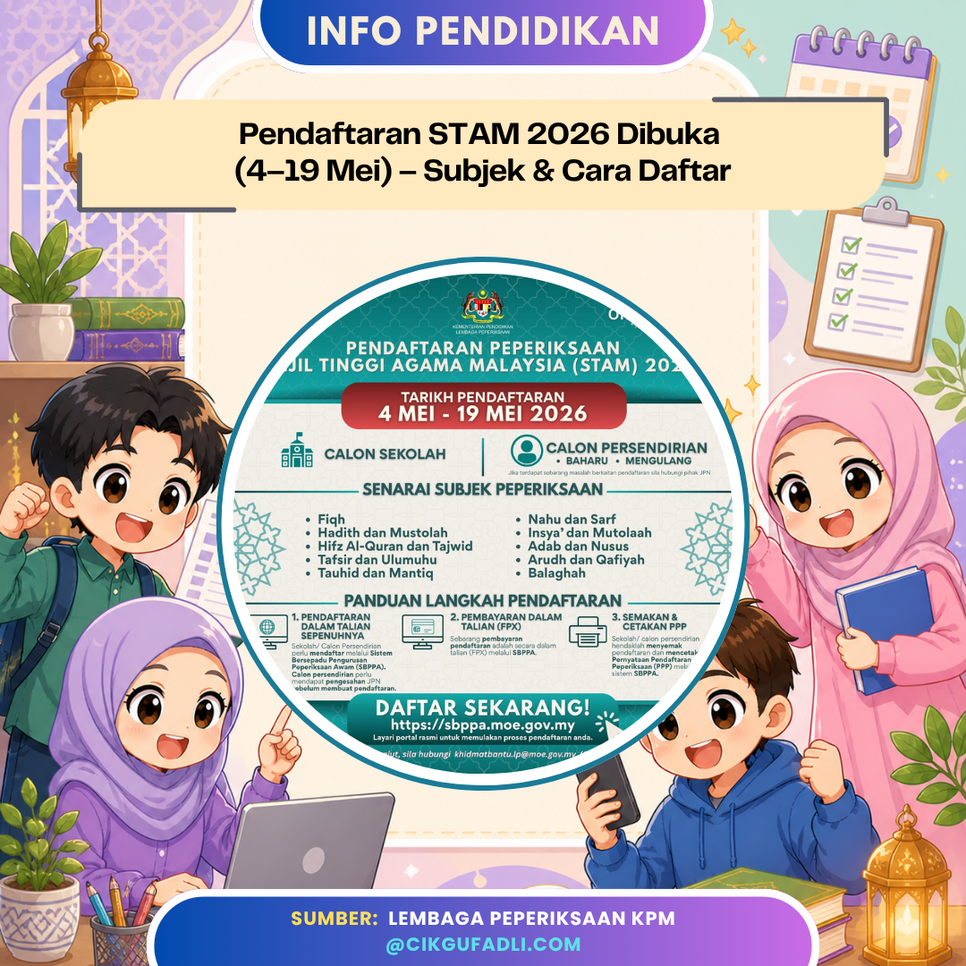 ilustrasi pelajar daftar peperiksaan secara online stam 2026 gaya chibi ruang kosong untuk teks poster pendidikan