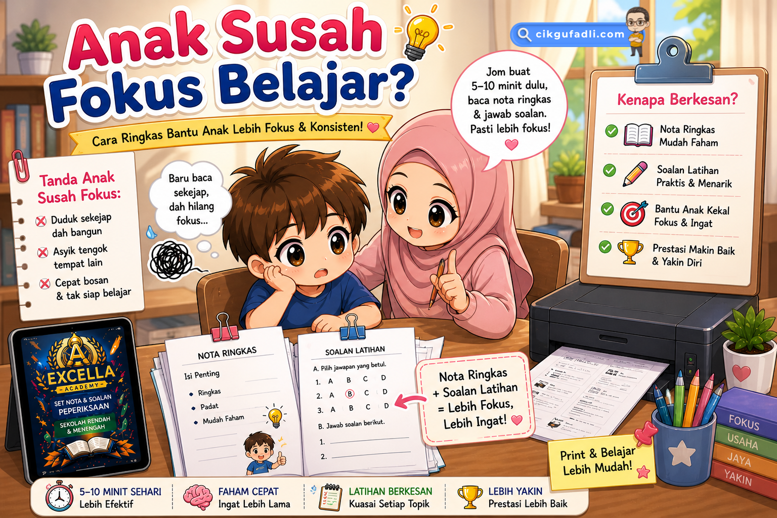 Ibu membantu anak cepat lupa belajar dengan nota ringkas dan soalan latihan dalam bentuk PDF yang dicetak untuk ulangkaji di ruma