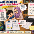 Ibu membantu anak tak boleh duduk lama belajar menggunakan nota ringkas dan soalan latihan dalam bentuk helaian PDF yang dicetak untuk ulangkaji di rumah.