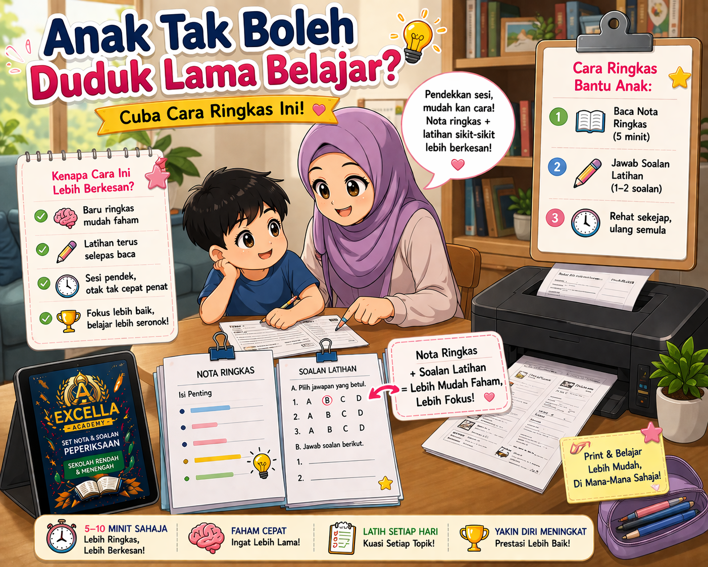 Ibu membantu anak tak boleh duduk lama belajar menggunakan nota ringkas dan soalan latihan dalam bentuk helaian PDF yang dicetak untuk ulangkaji di rumah.