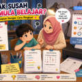 Ibu membantu anak susah mula belajar menggunakan nota ringkas dan helaian latihan PDF yang dicetak untuk sesi ulangkaji pendek di rumah.