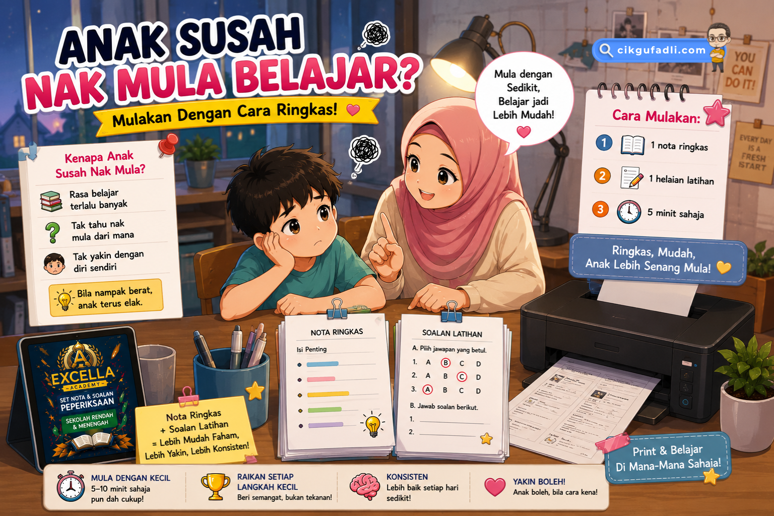 Ibu membantu anak susah mula belajar menggunakan nota ringkas dan helaian latihan PDF yang dicetak untuk sesi ulangkaji pendek di rumah.