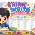 Ilustrasi chibi latihan Bahasa Inggeris Think Write Choose and Rewrite the Correct Sentence untuk murid sekolah rendah belajar membaca dan menulis ayat mudah