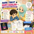 Ibu membantu anak takut buat soalan menggunakan nota ringkas dan latihan PDF yang dicetak untuk bina keyakinan belajar di rumah.