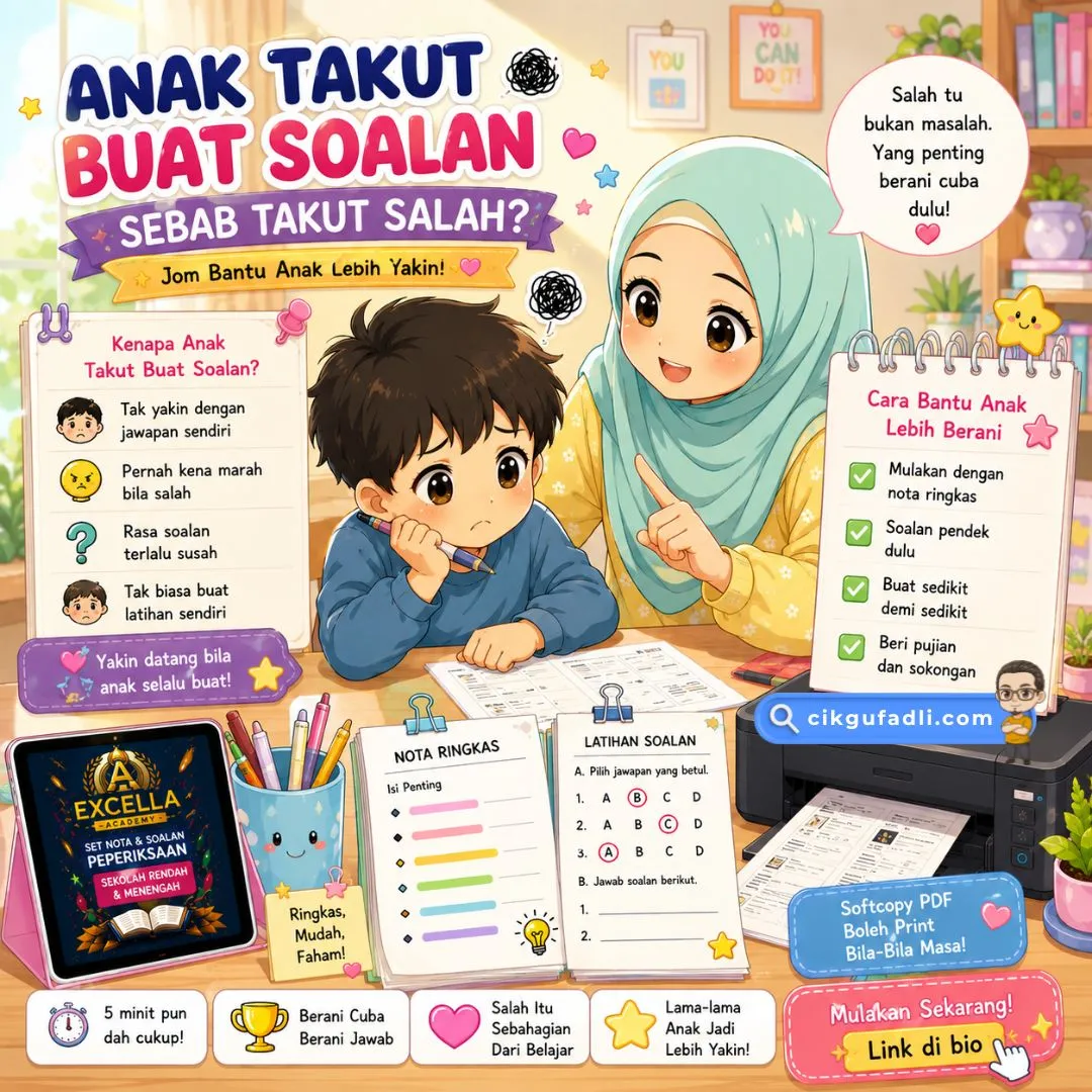 Ibu membantu anak takut buat soalan menggunakan nota ringkas dan latihan PDF yang dicetak untuk bina keyakinan belajar di rumah.