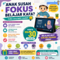 Poster berwarna pastel ungu dan turquoise mempromosikan Video Silibus KAFA dengan ilustrasi murid belajar menggunakan tablet, sesuai untuk bantu anak lebih fokus belajar KAFA dan persediaan UPKK.