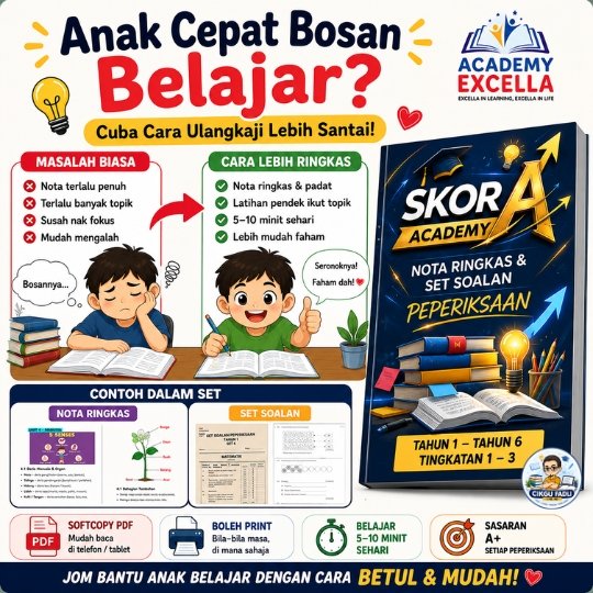 Anak cepat bosan belajar menggunakan nota ringkas dan set soalan peperiksaan untuk bantu ulangkaji lebih santai, fokus dan mudah faham bagi Tahun 1–6 dan Tingkatan 1–3.