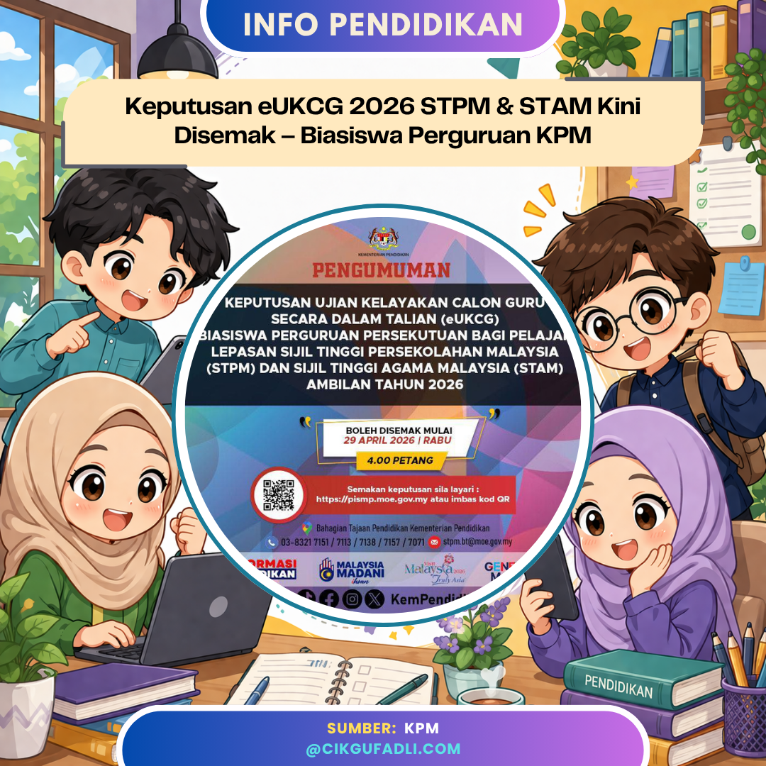 Ilustrasi pelajar semak keputusan eUKCG 2026 STPM dan STAM dengan poster rasmi Biasiswa Perguruan KPM