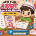 Ilustrasi chibi murid belajar latihan Jawi 2 suku kata terbuka