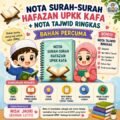 Poster chibi Nota Surah-Surah Hafazan UPKK KAFA dan nota tajwid ringkas dengan ilustrasi kartun comel murid lelaki dan perempuan Islam sedang belajar Al-Quran