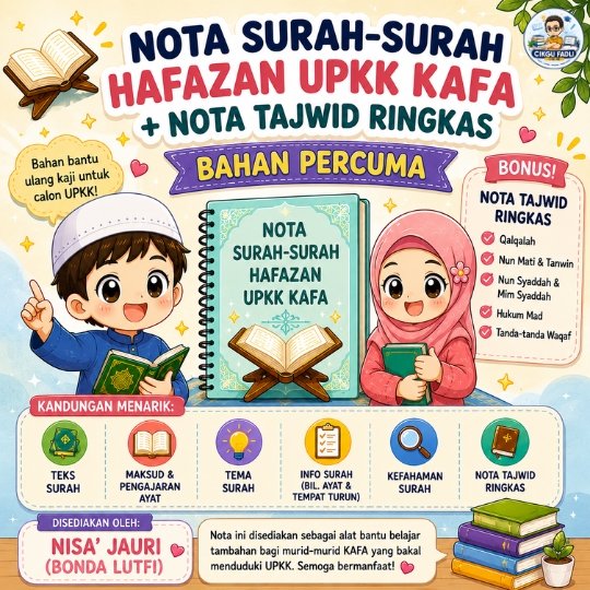Poster chibi Nota Surah-Surah Hafazan UPKK KAFA dan nota tajwid ringkas dengan ilustrasi kartun comel murid lelaki dan perempuan Islam sedang belajar Al-Quran Poster chibi Nota Surah-Surah Hafazan UPKK KAFA dan nota tajwid ringkas dengan ilustrasi kartun comel murid lelaki dan perempuan Islam sedang belajar Al-Quran