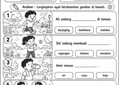Lembaran Kerja Melengkapkan Ayat Bahasa Melayu Tahun 1 tema Bersenam di Taman