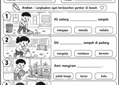Lembaran Kerja Melengkapkan Ayat Bahasa Melayu Tahun 1 tema Gotong-Royong di Sekolah