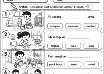Lembaran Kerja Melengkapkan Ayat Bahasa Melayu Tahun 1 tema Gotong-Royong di Rumah
