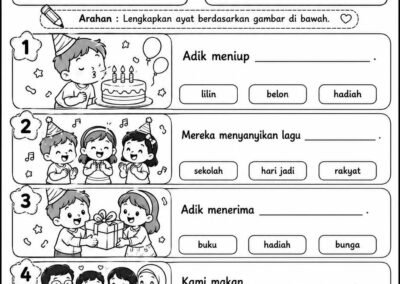 Lembaran Kerja Melengkapkan Ayat Bahasa Melayu Tahun 1 tema Sambutan Hari Jadi Adik