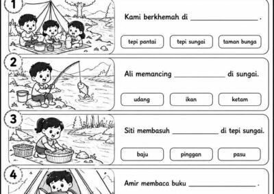 Lembaran Kerja Melengkapkan Ayat Bahasa Melayu Tahun 1 tema Berkhemah di Tepi Sungai