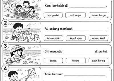 Lembaran Kerja Melengkapkan Ayat Bahasa Melayu Tahun 1 tema Berkelah di Tepi Pantai
