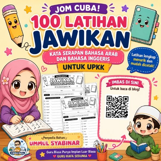 Chibi poster jemputan membaca 100 Latihan Jawikan Kata Serapan Bahasa Arab dan Bahasa Inggeris UPKK oleh Ummul Syabinar dengan ruang kod QR ke artikel blog.