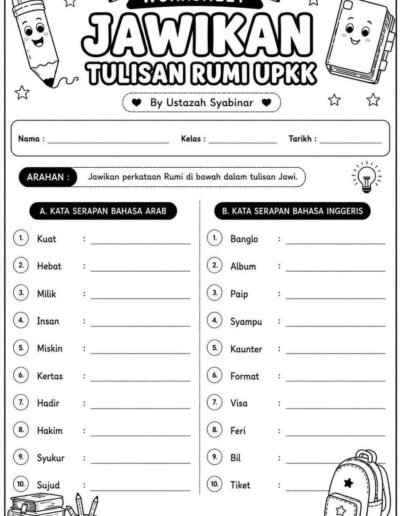 Lembaran kerja Jawi UPKK oleh Ummul Syabinar untuk latihan penulisan Jawi.
