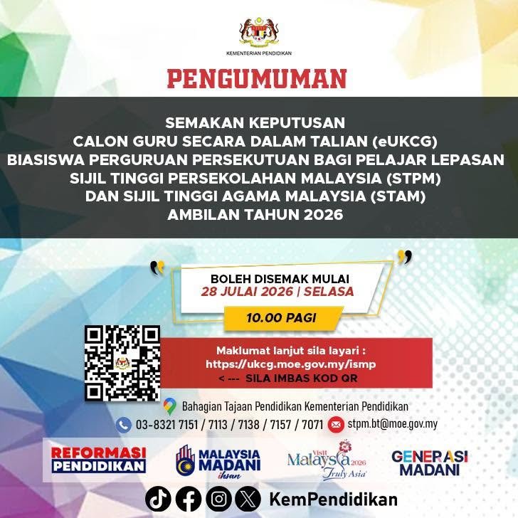 Poster rasmi semakan keputusan eUKCG Biasiswa Perguruan Persekutuan (BPP) ambilan tahun 2026 bagi calon lepasan STPM dan STAM yang boleh disemak mulai 28 Julai 2026 jam 10.00 pagi melalui portal rasmi KPM. Poster semakan keputusan eUKCG BPP STPM dan STAM 2026 bagi calon Biasiswa Perguruan Persekutuan