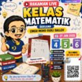 Poster chibi Rakaman LIVE Matematik Tahun 4, 5 dan 6 bersama Cikgu Mohd Fadli Salleh dengan contoh soalan pecahan dan ruang kod QR.