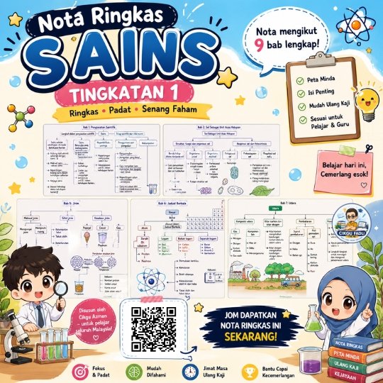 Poster Nota Ringkas Sains Tingkatan 1 lengkap 9 bab dengan contoh peta minda dan ruang kod QR Poster Nota Ringkas Sains Tingkatan 1 lengkap 9 bab dengan contoh peta minda dan ruang kod QR