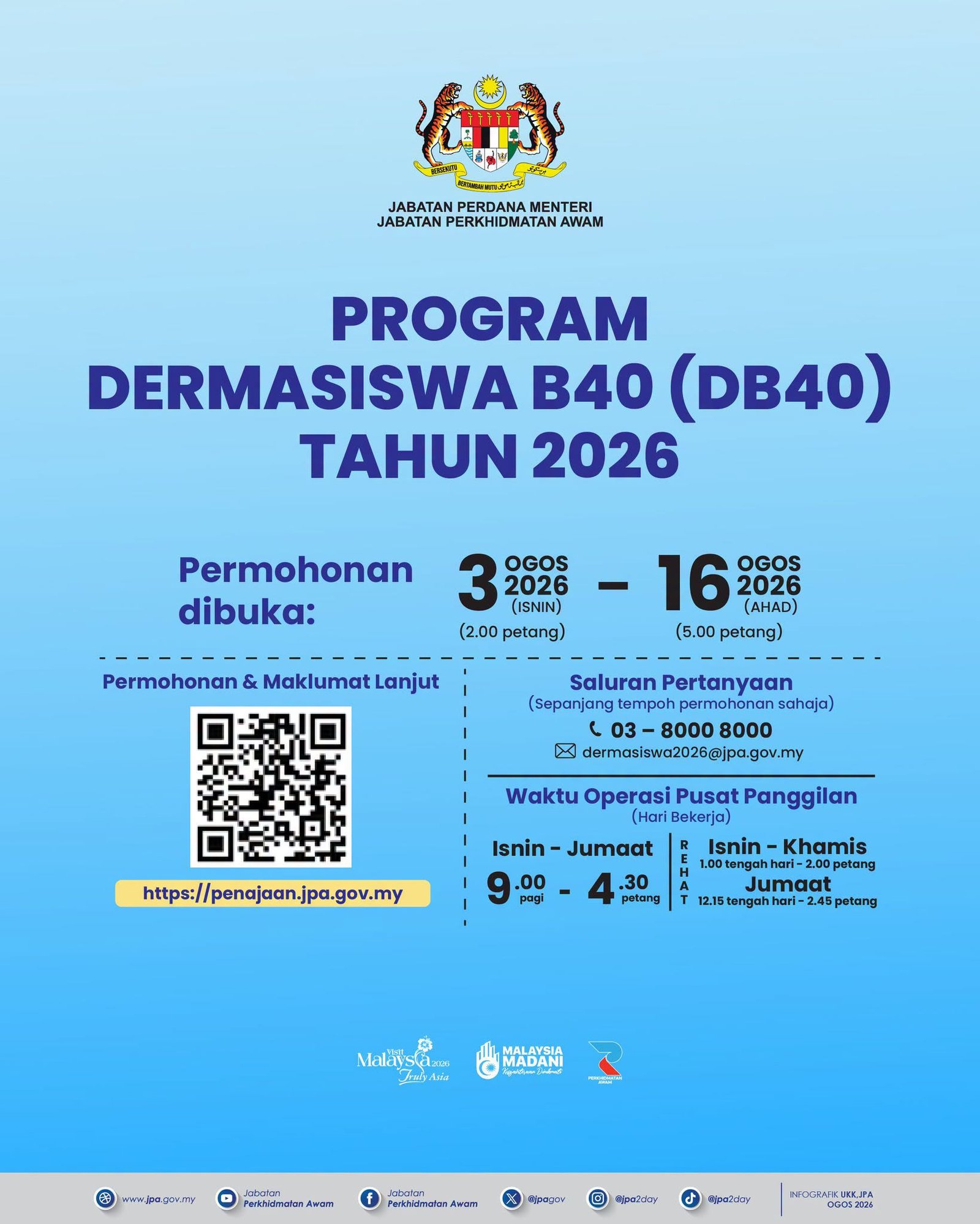1 Poster Program Dermasiswa B40 DB40 2026 memaparkan tarikh permohonan dan portal rasmi JPA