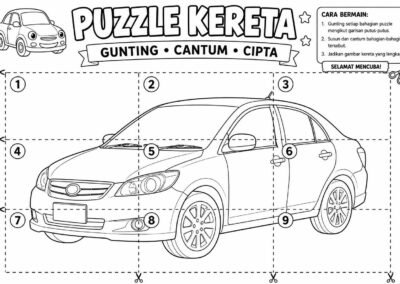 Puzzle kereta gunting cantum cipta untuk lembaran kerja prasekolah