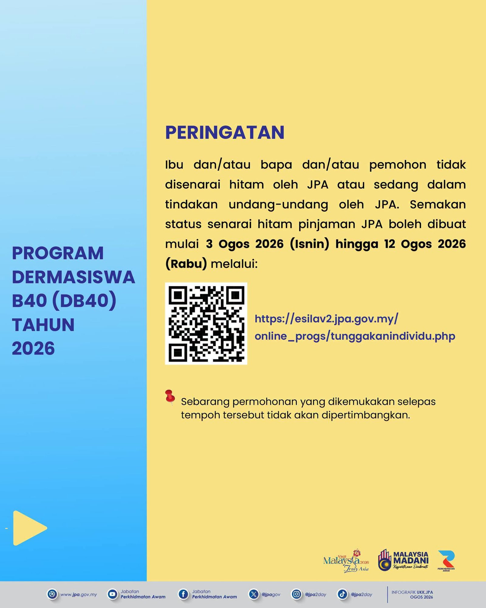 4 Peringatan dan semakan status senarai hitam JPA bagi pemohon Program Dermasiswa B40 DB40 2026