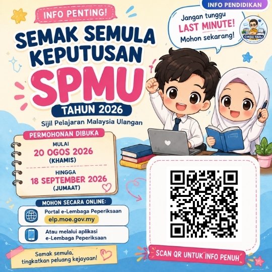 Poster promosi semak semula keputusan SPMU 2026 dengan tarikh permohonan 20 Ogos hingga 18 September 2026 serta panduan permohonan melalui portal dan aplikasi e-Lembaga Peperiksaan. Poster promosi semak semula keputusan SPMU 2026 dengan tarikh permohonan 20 Ogos hingga 18 September 2026 serta panduan permohonan melalui portal dan aplikasi e-Lembaga Peperiksaan.