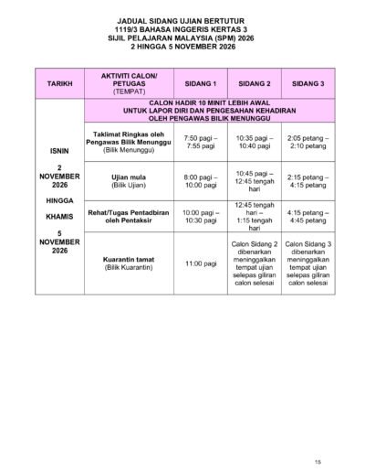 Jadual waktu peperiksaan bertulis serta Ujian Mendengar Bahasa Melayu dan Bahasa Inggeris SPM 2026.