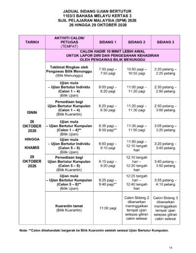 Jadual peperiksaan SPM 2026 yang memaparkan tarikh, waktu, kod kertas dan nama kertas peperiksaan.