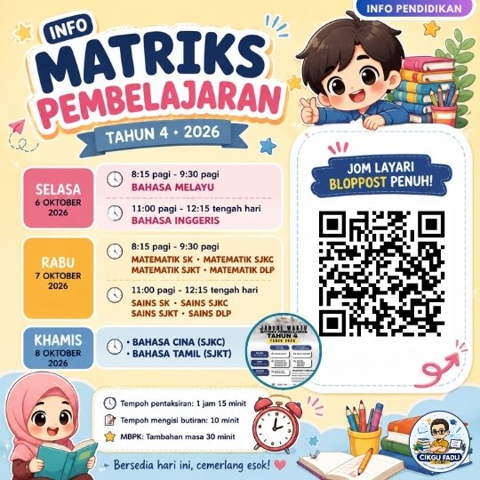 Matriks Pembelajaran Tahun 4 2026 memaparkan jadual waktu MPT4 pada 6 hingga 8 Oktober 2026 bagi Bahasa Melayu, Bahasa Inggeris, Matematik, Sains, Bahasa Cina dan Bahasa Tamil. Matriks Pembelajaran Tahun 4 2026 memaparkan jadual waktu MPT4 pada 6 hingga 8 Oktober 2026 bagi Bahasa Melayu, Bahasa Inggeris, Matematik, Sains, Bahasa Cina dan Bahasa Tamil.