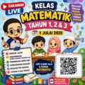 Poster chibi rakaman kelas Matematik Tahun 1, Tahun 2 dan Tahun 3 bersama Cikgu Mohd Fadli Salleh dengan ruang kod QR